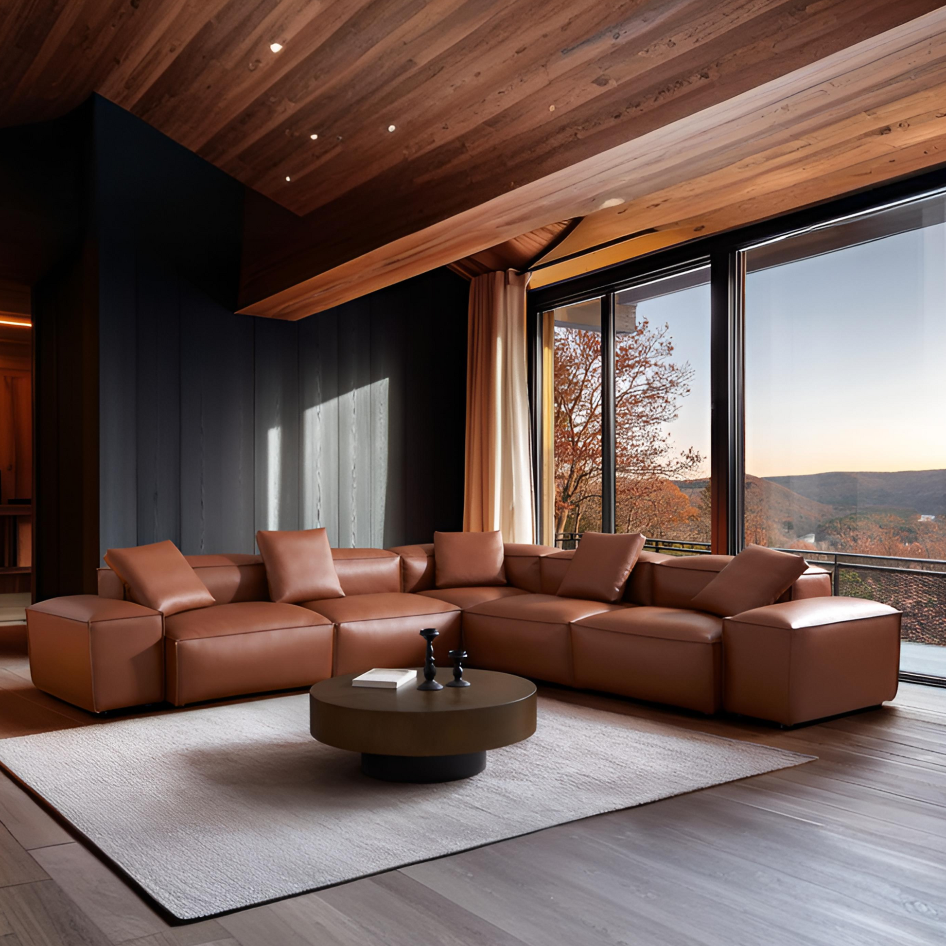 Cube Modular Brown Genuine Leather Corner Sectional-Brown