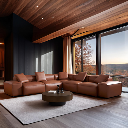 Cube Modular Brown Genuine Leather Corner Sectional-Brown