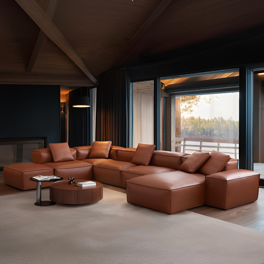 Cube Modular Brown Genuine Leather U Shaped Sectional-Brown