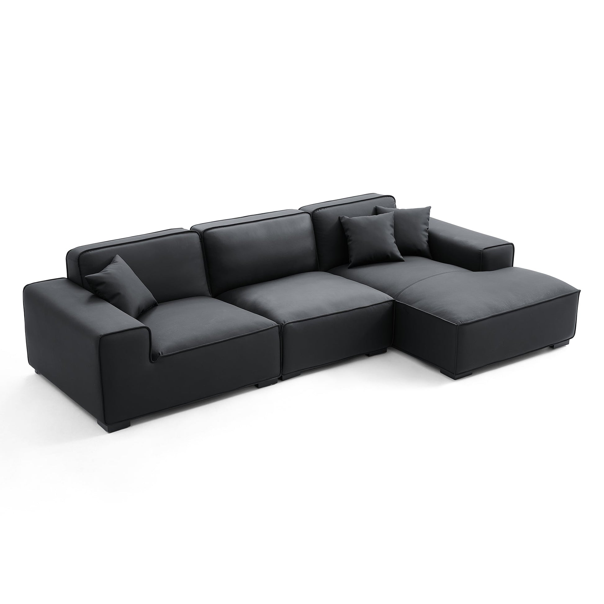 Domus Modular Beige Leather Sectional Sofa-Black-126.0"-Facing Right