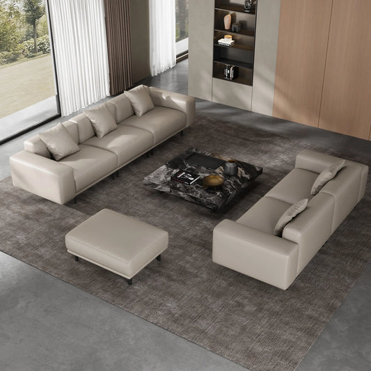 Noble Beige Leather Sofa and Ottoman
