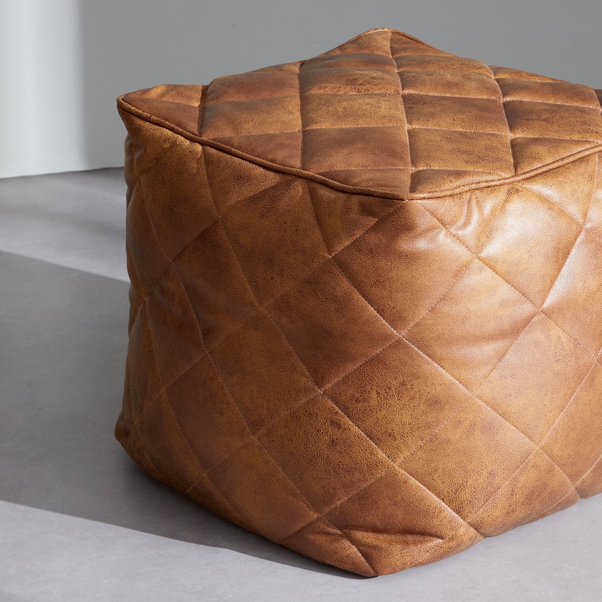 Waffle Tan Leathaire Square Pouf-Tan