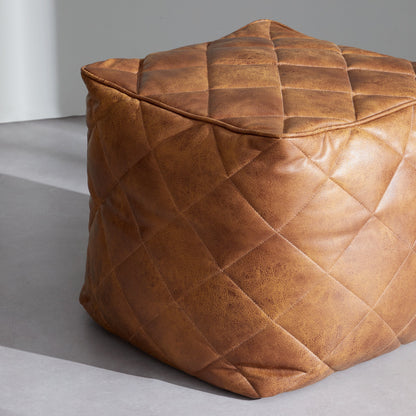Waffle Tan Leathaire Square Pouf-Tan
