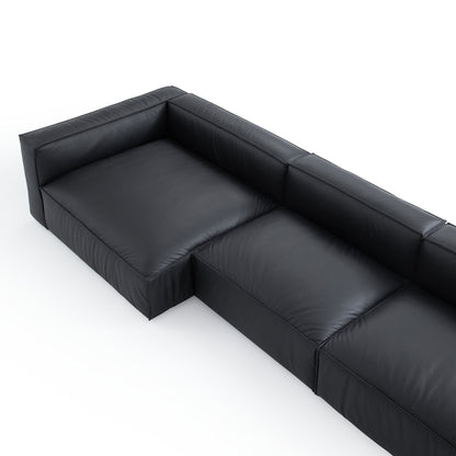 Luxury Minimalist Black Leather Sectional-Black-145.7"-Facing Left