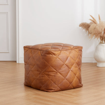 Waffle Tan Leathaire Square Pouf-Tan