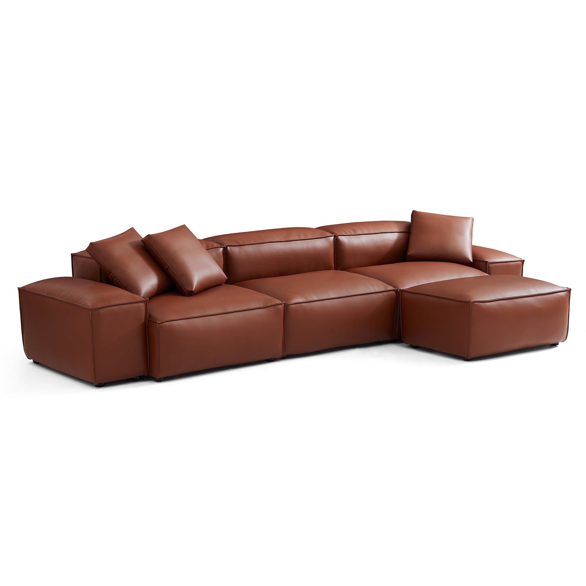 Cube Modular Brown Genuine Leather Sofa with Ottoman-Brown-142.9"-Low