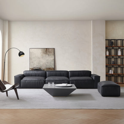 Luxury Minimalist Dark Brown Leather Sofa and Ottoman-Black