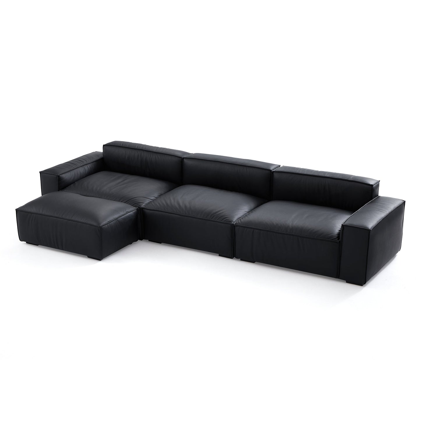 Luxury Minimalist Leather Black Sofa and Ottoman-Black-140.2"