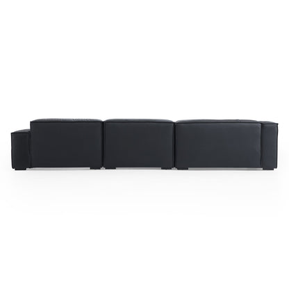Luxury Minimalist Black Leather Sectional and Ottoman-Black-145.7"-Facing Left