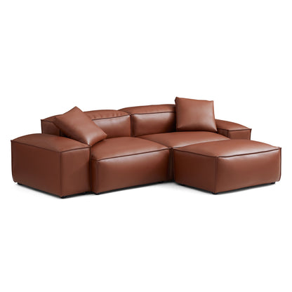 Cube Modular Brown Genuine Leather Sofa with Ottoman-Brown-105.5"-Low