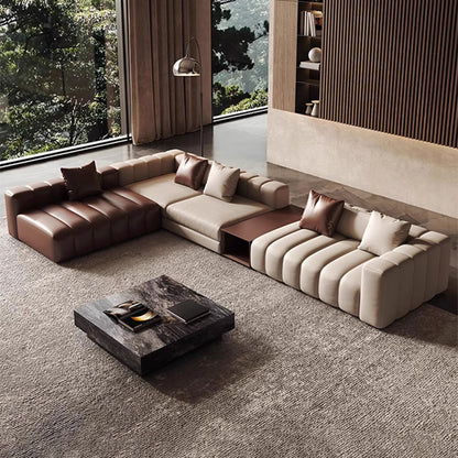 Piano L-Shaped Leather Sectional Sofa with Coffee Table
