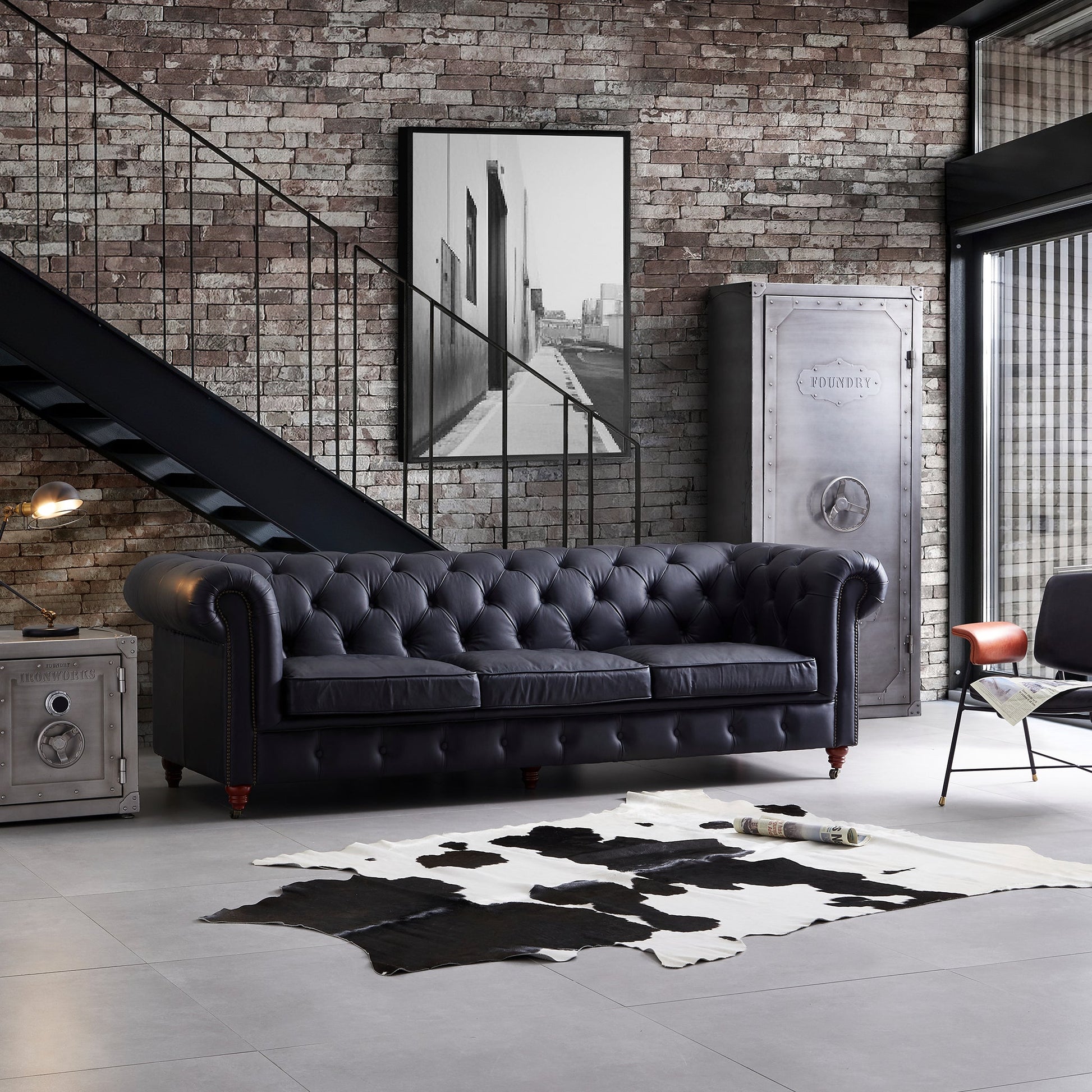Durango Chesterfield Top Grain Leather Tufted Sofa-Black-99.0"