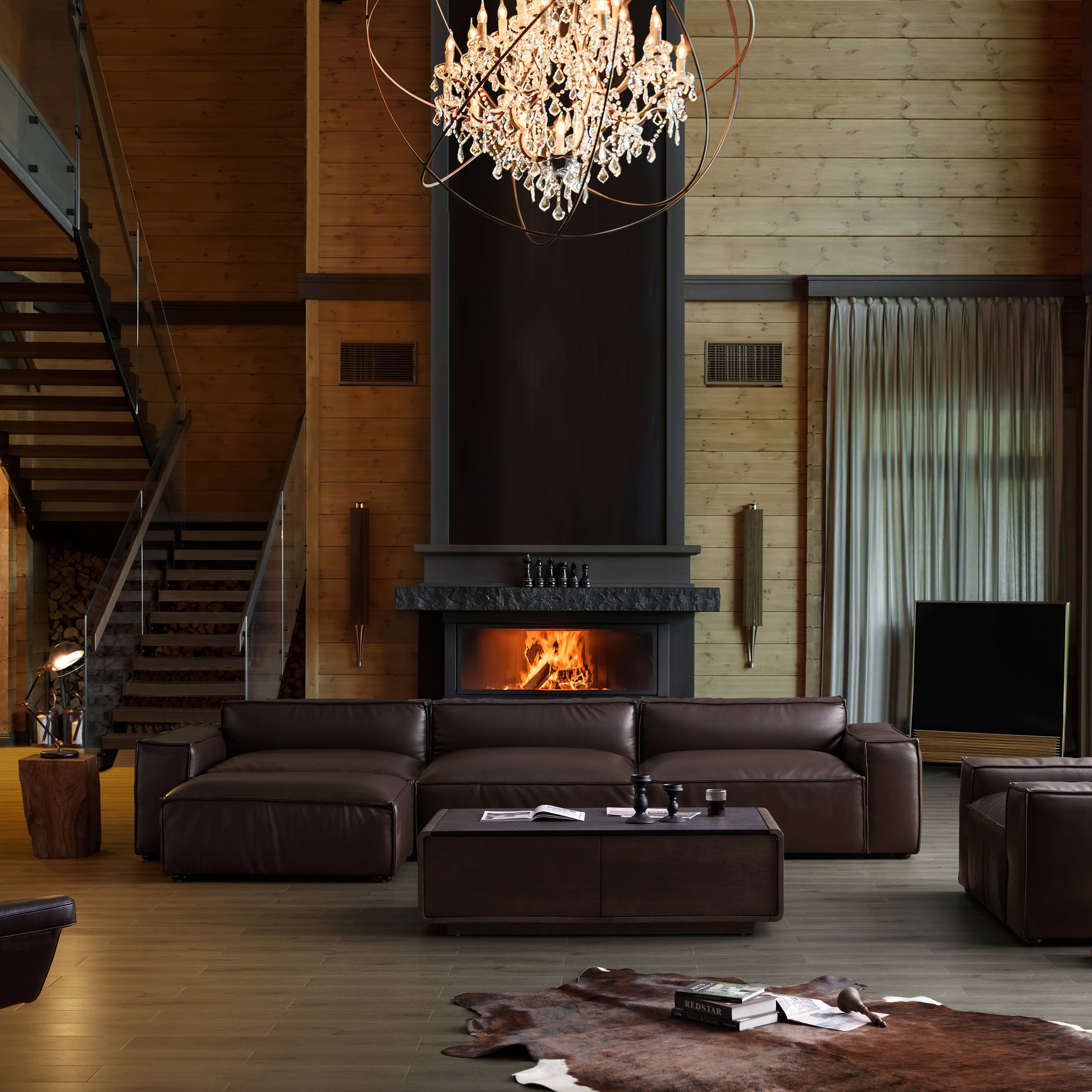 Luxury Minimalist Dark Brown Leather Sofa and Ottoman-Dark Brown