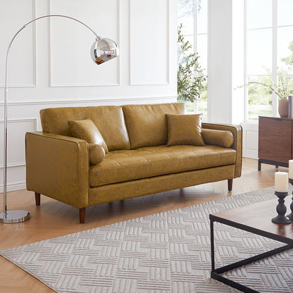 Mid-Century Modern Retro Tan Leather Loveseat-Tan-86.6″