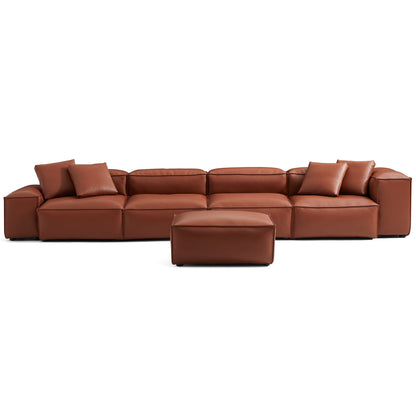 Cube Modular Brown Genuine Leather Sofa with Ottoman-Brown-180.3"-Low & High