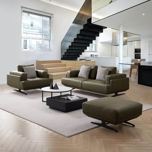 Olivia Top Grain Genuine Leather Sofa Set-Olive