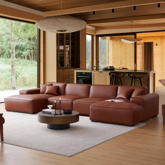 Domus Modular Brown Leather Double Chaise Sectional-Brown