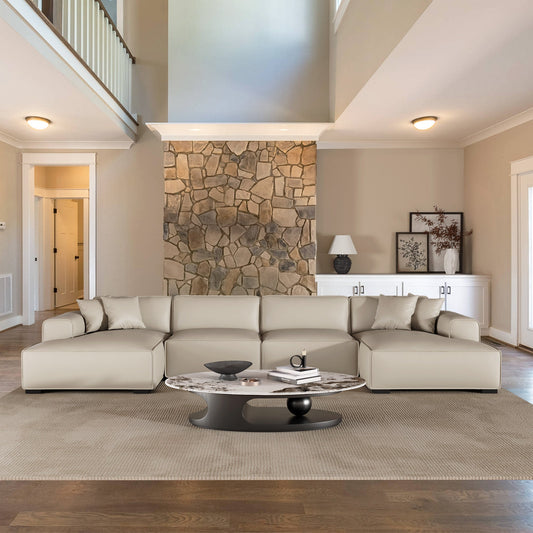 Domus Modular Beige Leather Double Chaise Sectional-Beige