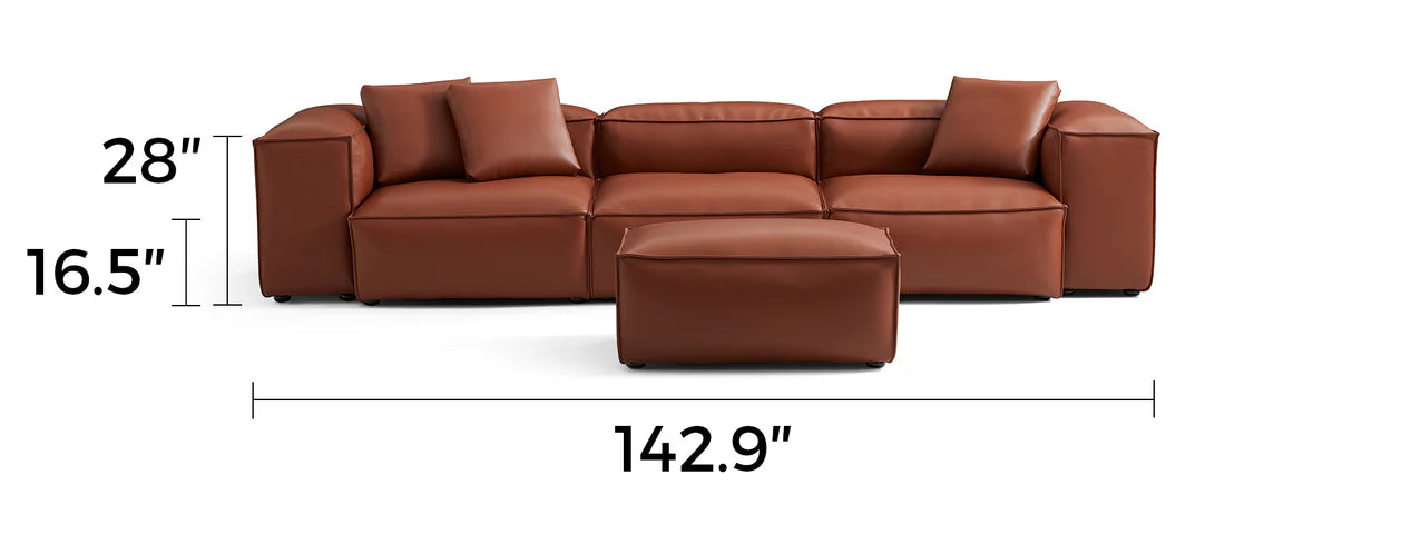 Cube Modular Brown Genuine Leather Sofa with Ottoman