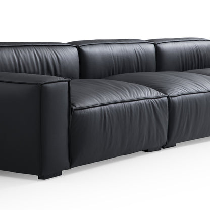 Luxury Minimalist Black Leather Sectional and Ottoman-Black