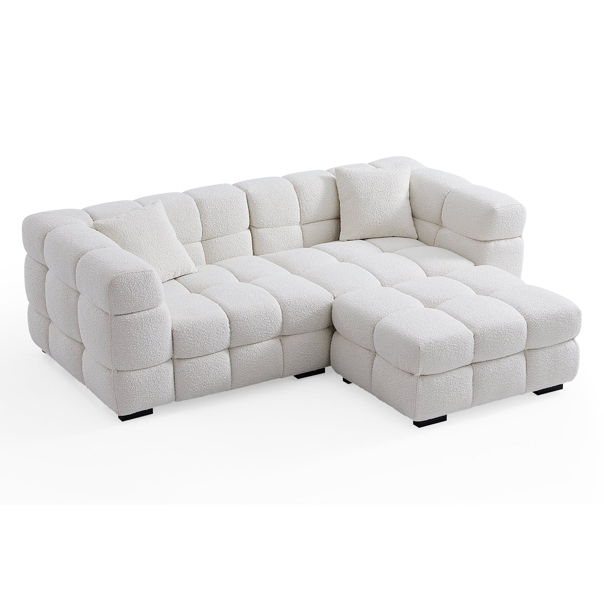 Cushy Cream Boucle Fabric Tufted Sofa With Ottoman-White