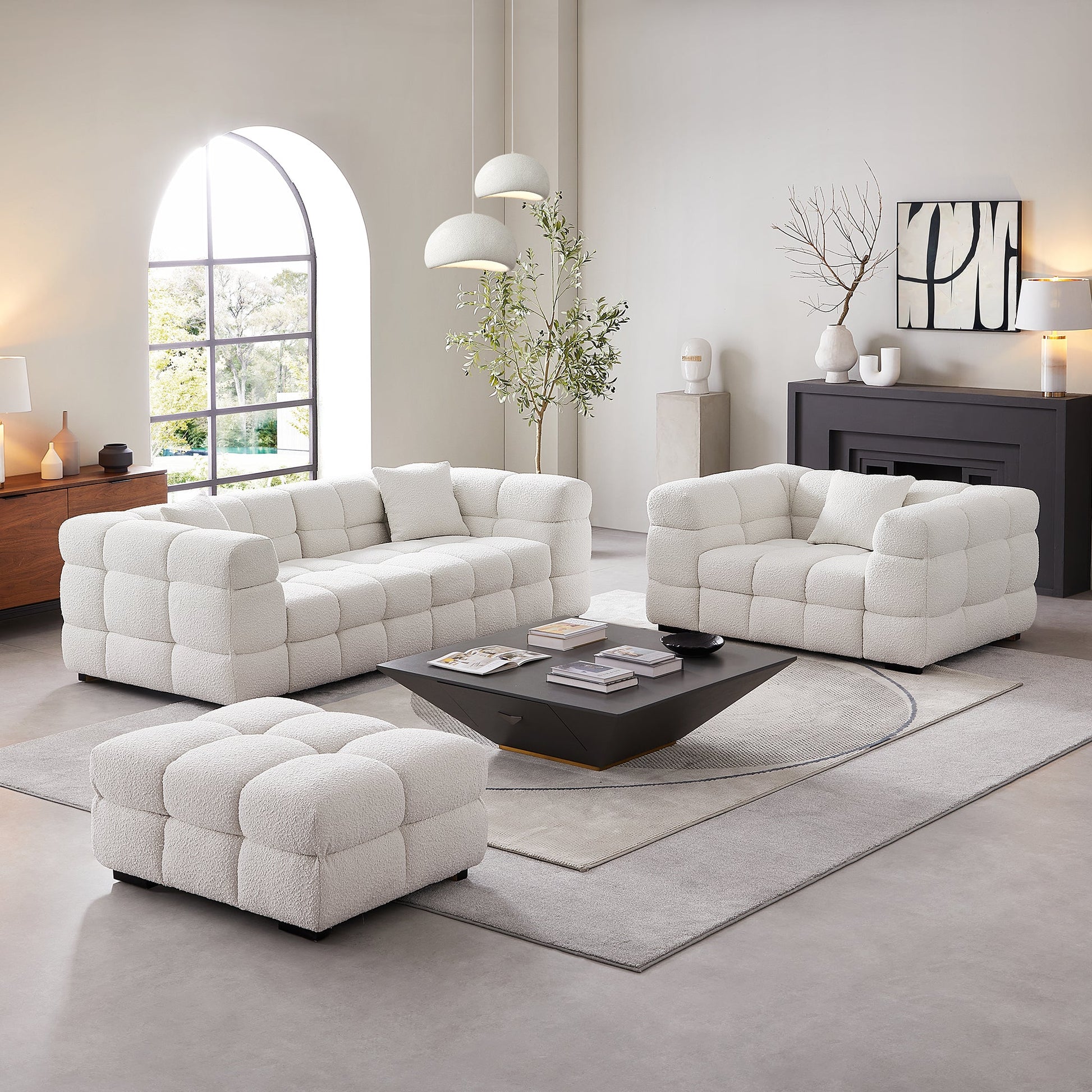 Cushy Cream Boucle Fabric Tufted Sofa Set-White