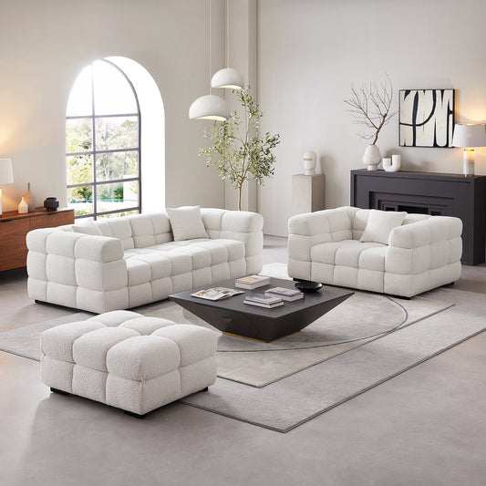 Cushy Cream Boucle Fabric Tufted Sofa Set-White