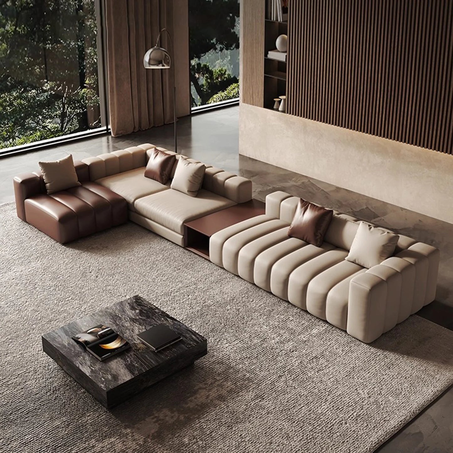Piano L-Shaped Leather Sectional Sofa with Coffee Table