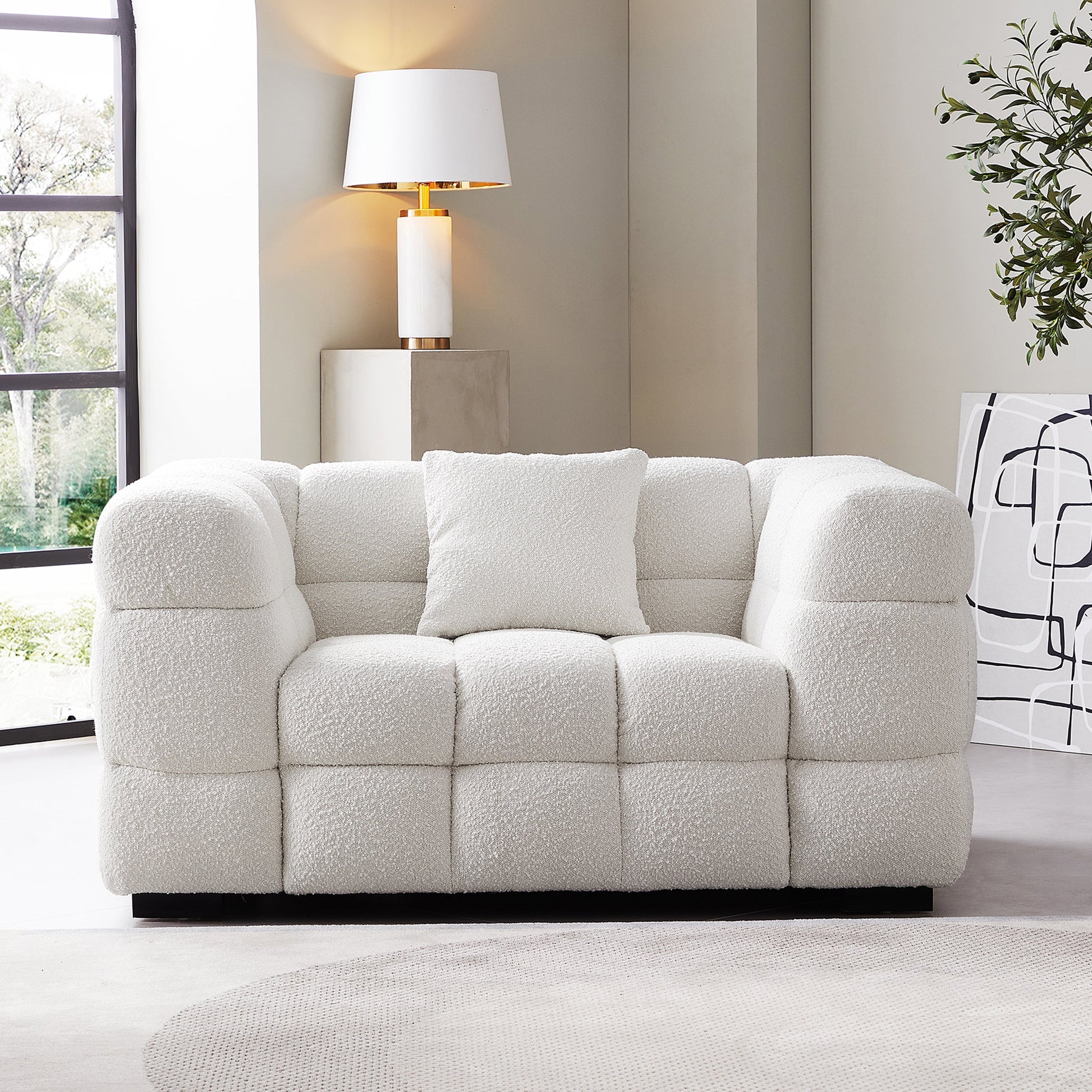 Cushy Cream Boucle Fabric Tufted Armchair-White