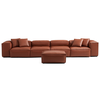 Cube Modular Brown Genuine Leather Sofa with Ottoman-Brown-180.3"-High