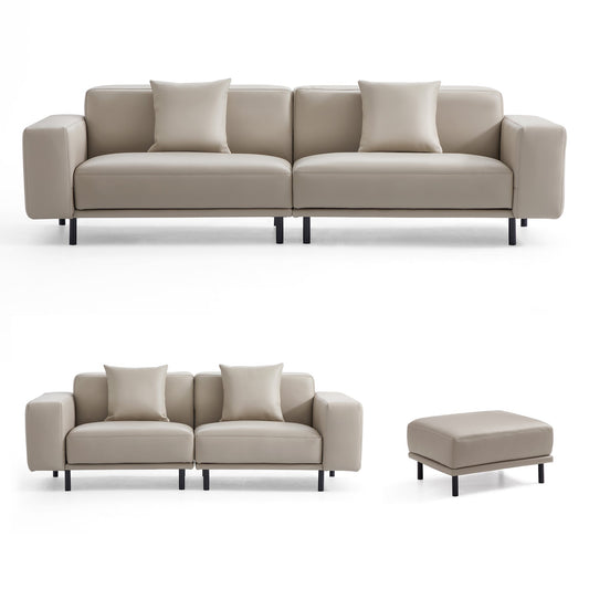 Noble Dark Gray Leather Sofa Set and Ottoman-Beige-111.0″