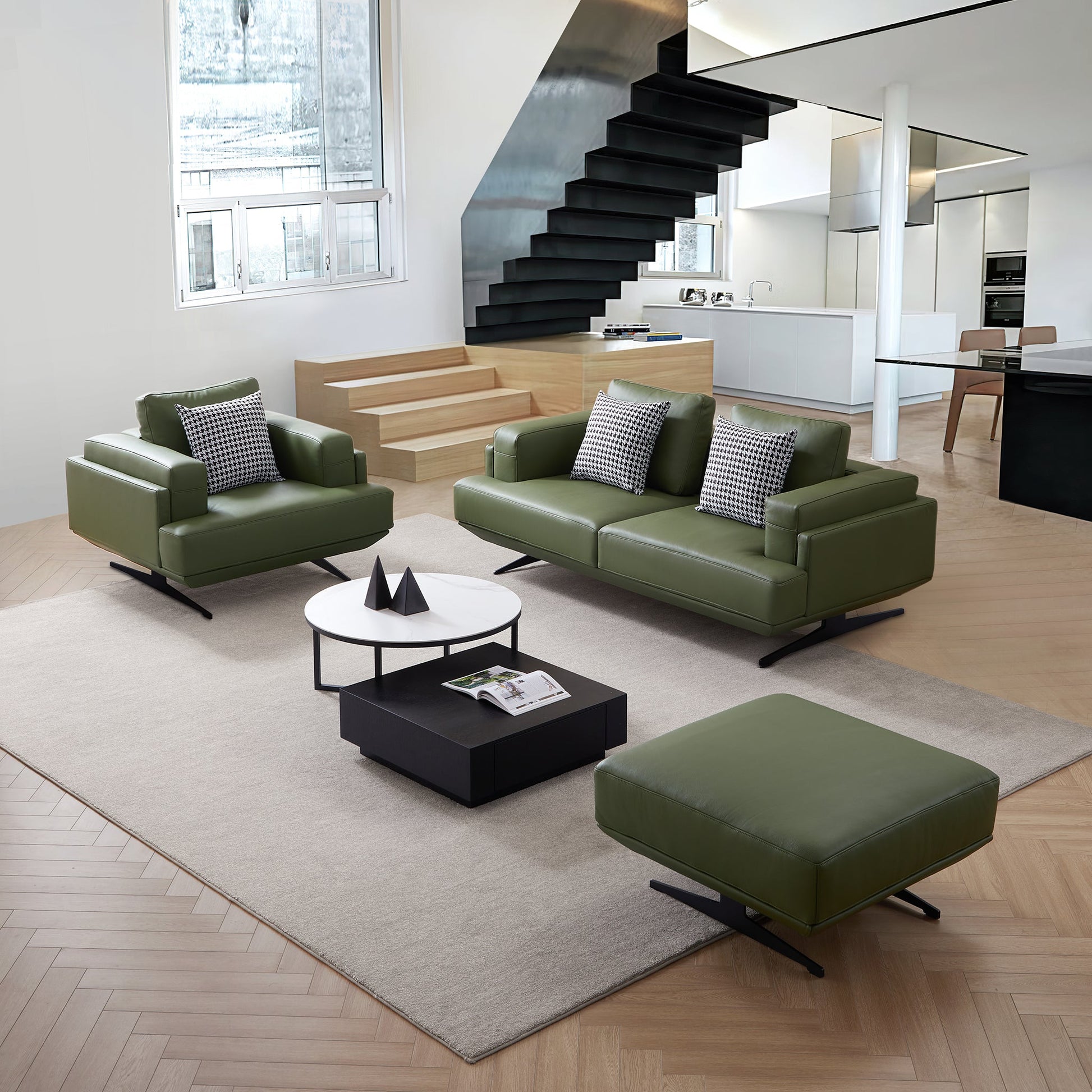 Olivia Green Top Grain Genuine Leather Sofa Set-Green