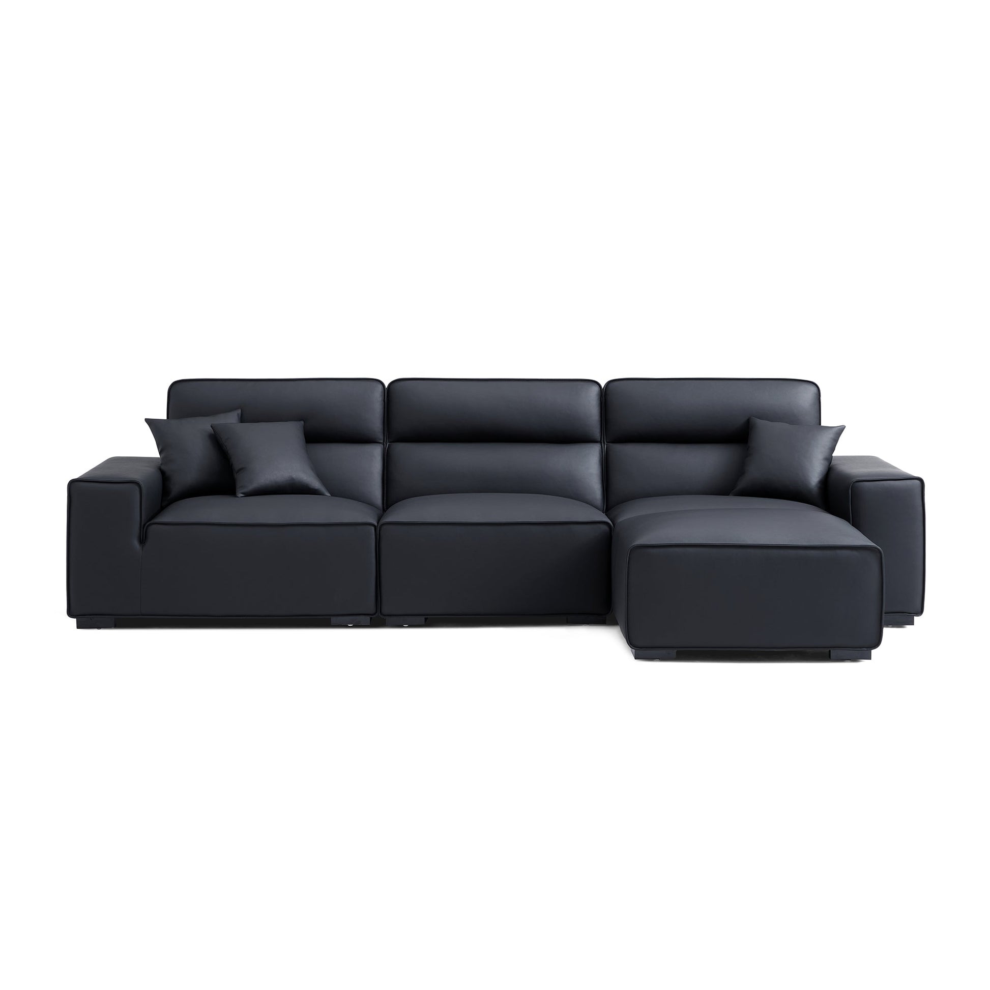 Domus High Back Modular Leather Sofa and Ottoman-Black-129.9"