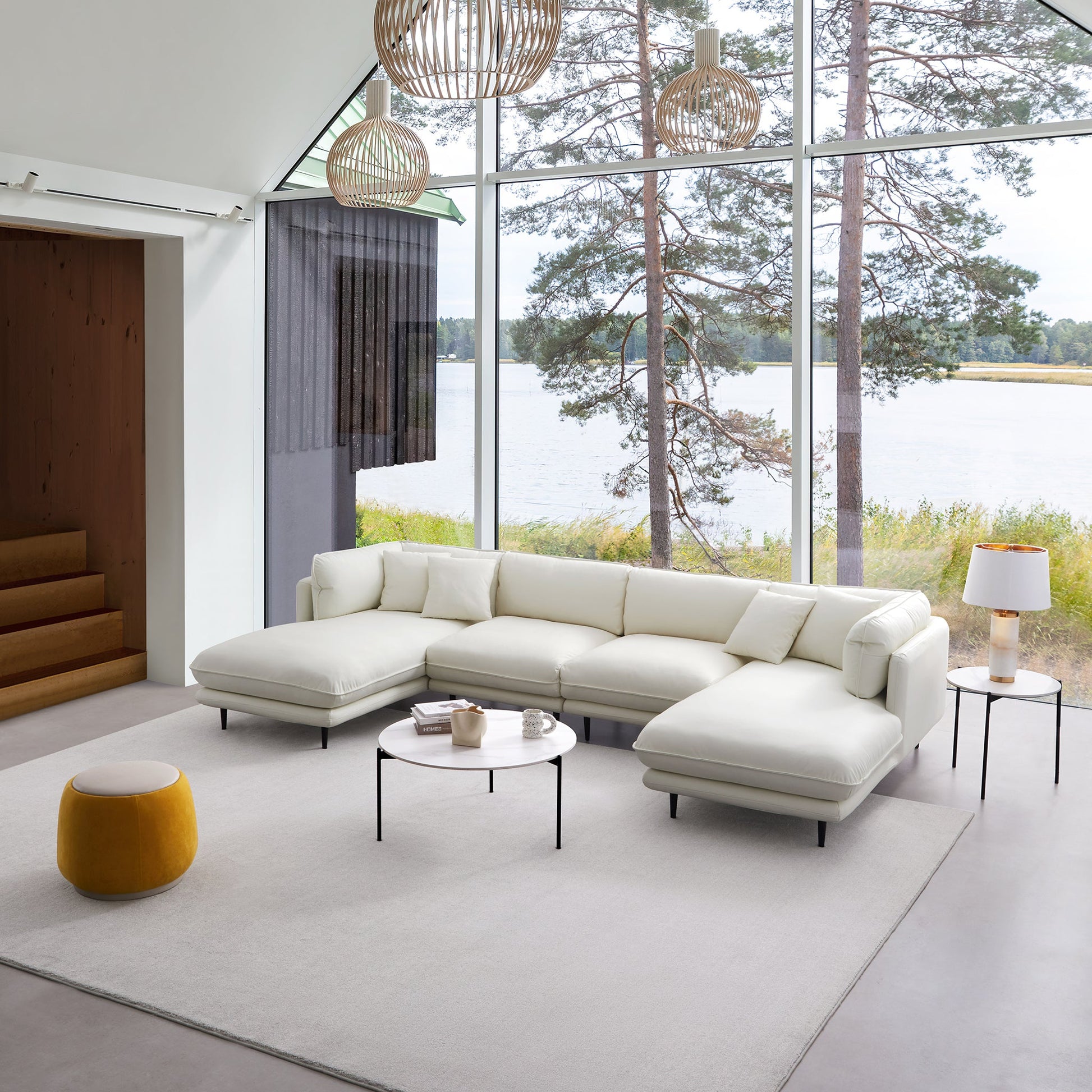 Vanilla White Leather U Shaped Sectional-White