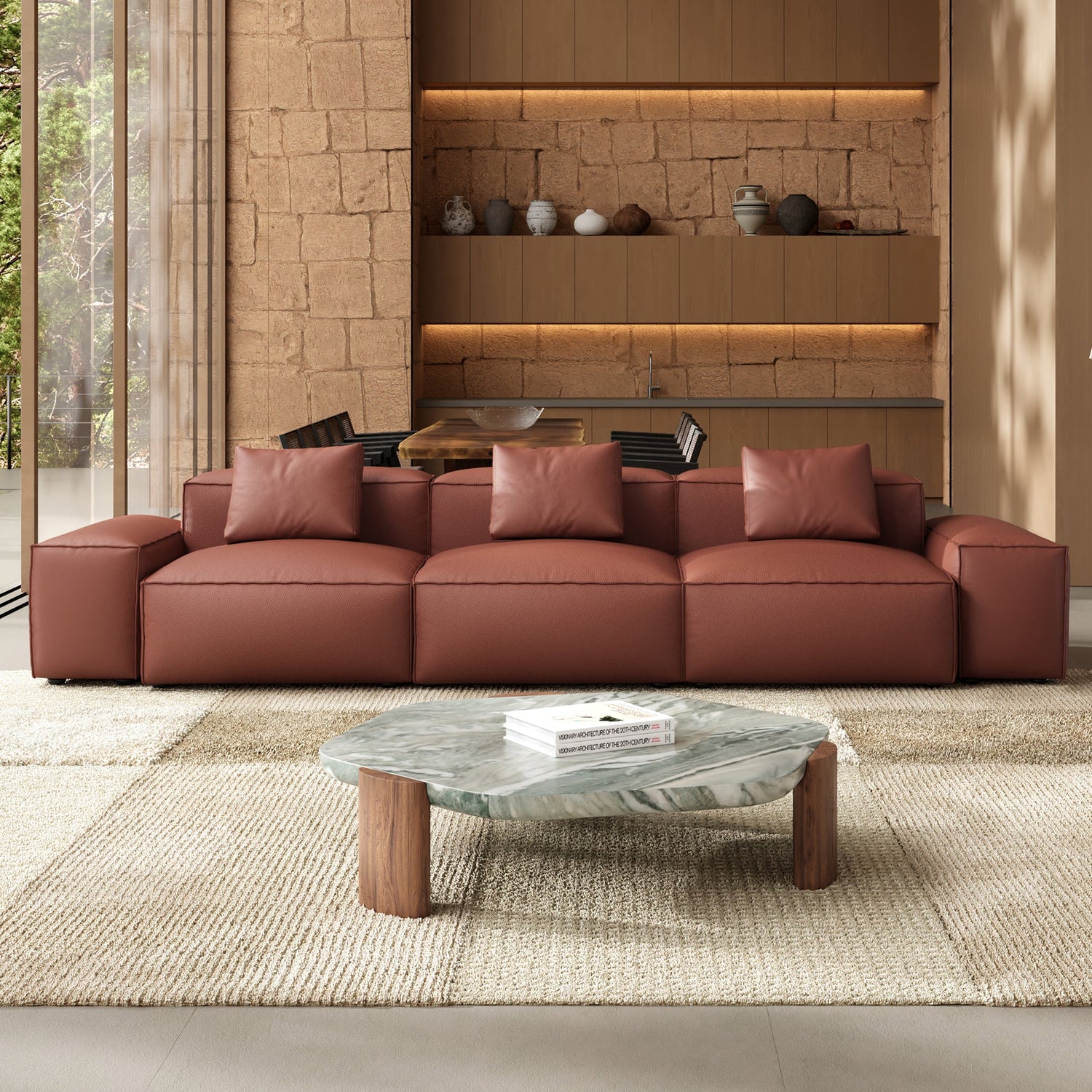 Cube Modular Brown Genuine Leather Sofa-Brown