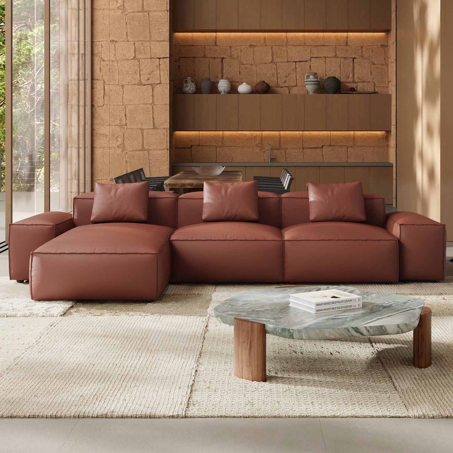 Cube Modular Brown Genuine Leather Sectional-Brown