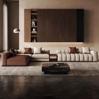 Piano L-Shaped Leather Sectional Sofa with Coffee Table
