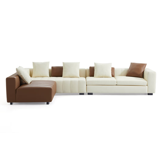 Piano L Shaped Leather Sectional Sofa-Beige & Brown