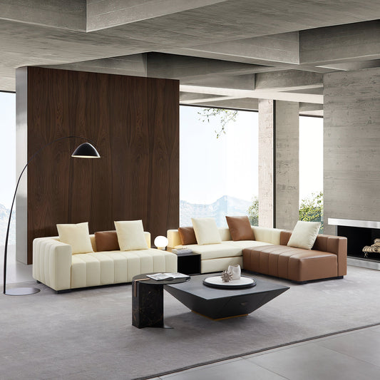Piano L Shaped Leather Sectional Sofa with Coffee Table-Beige & Brown