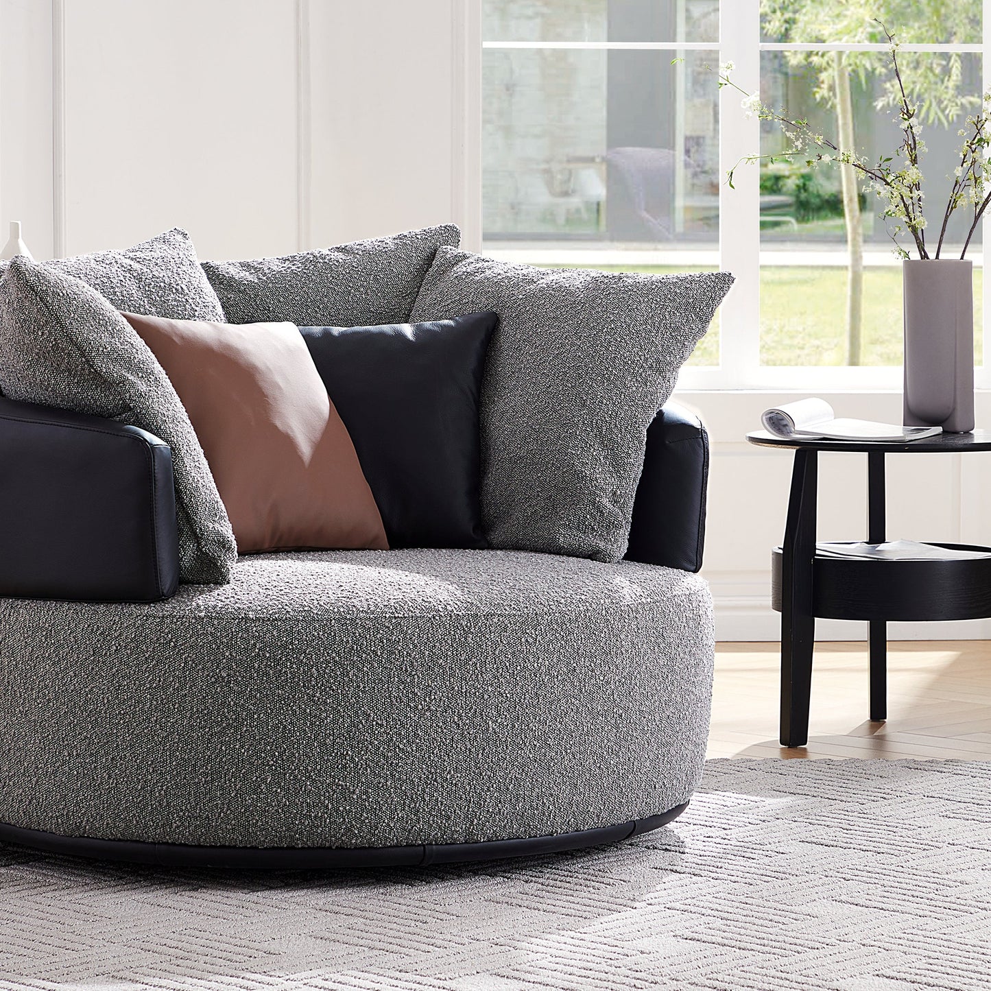 Luna Swivel Light Gray Boucle Fabric Lounge Chair-Gray