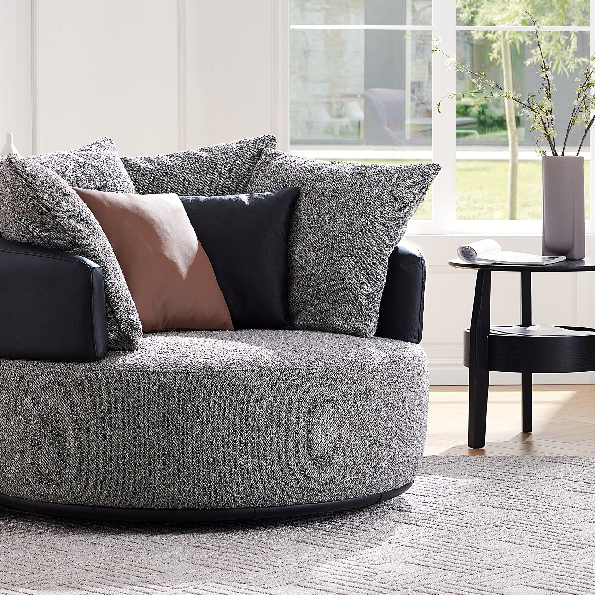Luna Swivel Light Gray Boucle Fabric Lounge Chair-Gray