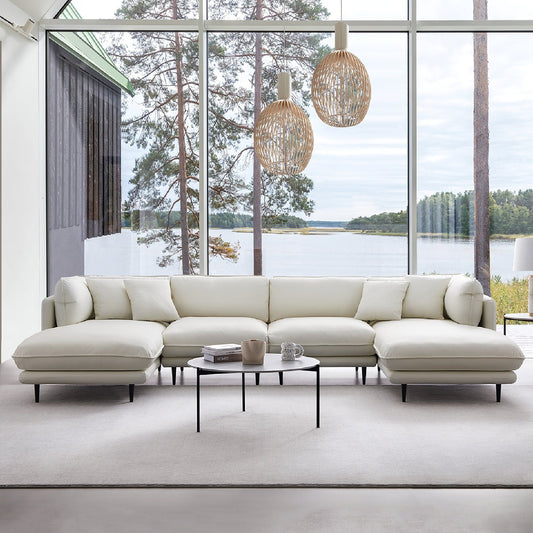 Vanilla White Leather U Shaped Sectional-White