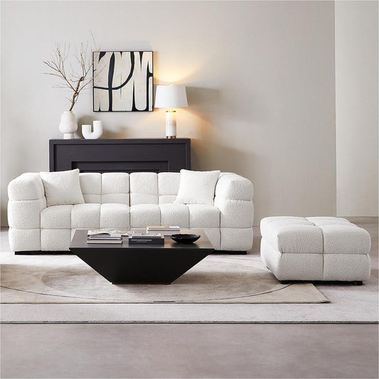 Cushy Cream Boucle Fabric Tufted Sofa With Ottoman-White