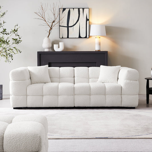 Cushy Cream Boucle Fabric Tufted Sofa-White