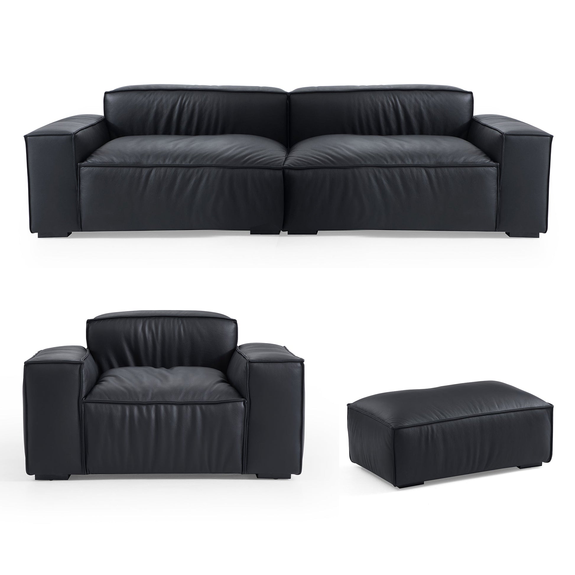 Luxury Minimalist Leather Black Sofa Set-Black