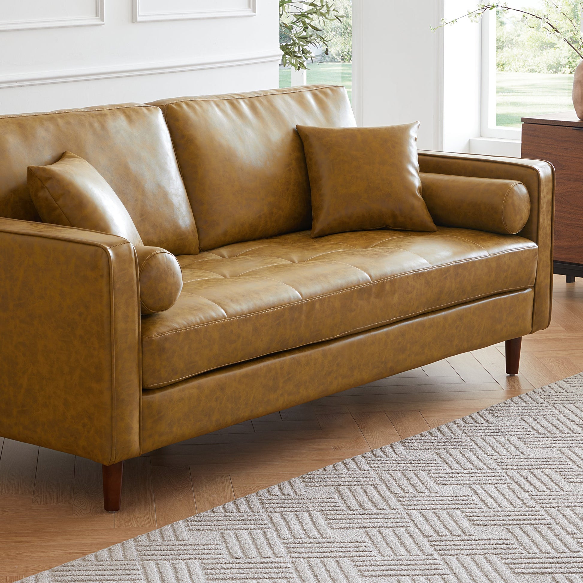 Mid-Century Modern Retro Tan Leather Loveseat-Tan-86.6″