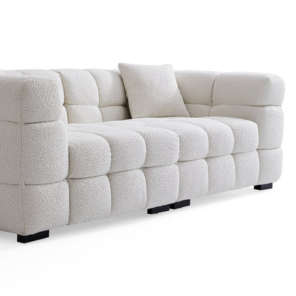 Cushy Cream Boucle Fabric Tufted Sofa With Ottoman-White