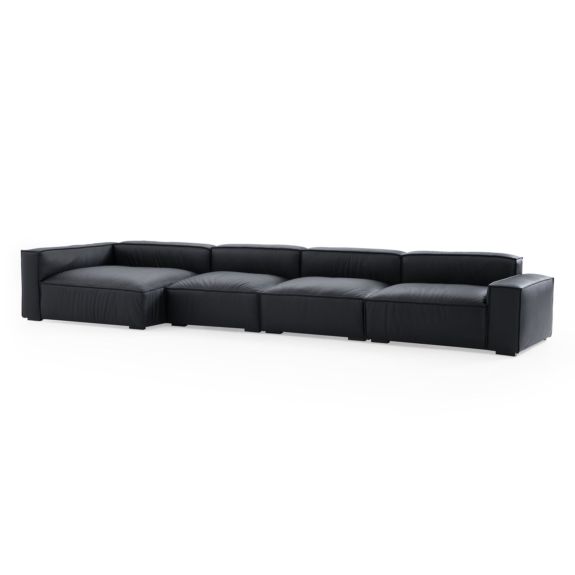 Luxury Minimalist Black Leather Sectional-Black-185.0"-Facing Left