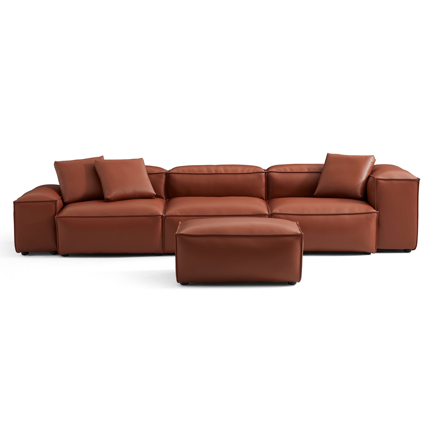 Cube Modular Brown Genuine Leather Sofa with Ottoman-Brown-142.9"-Low & High