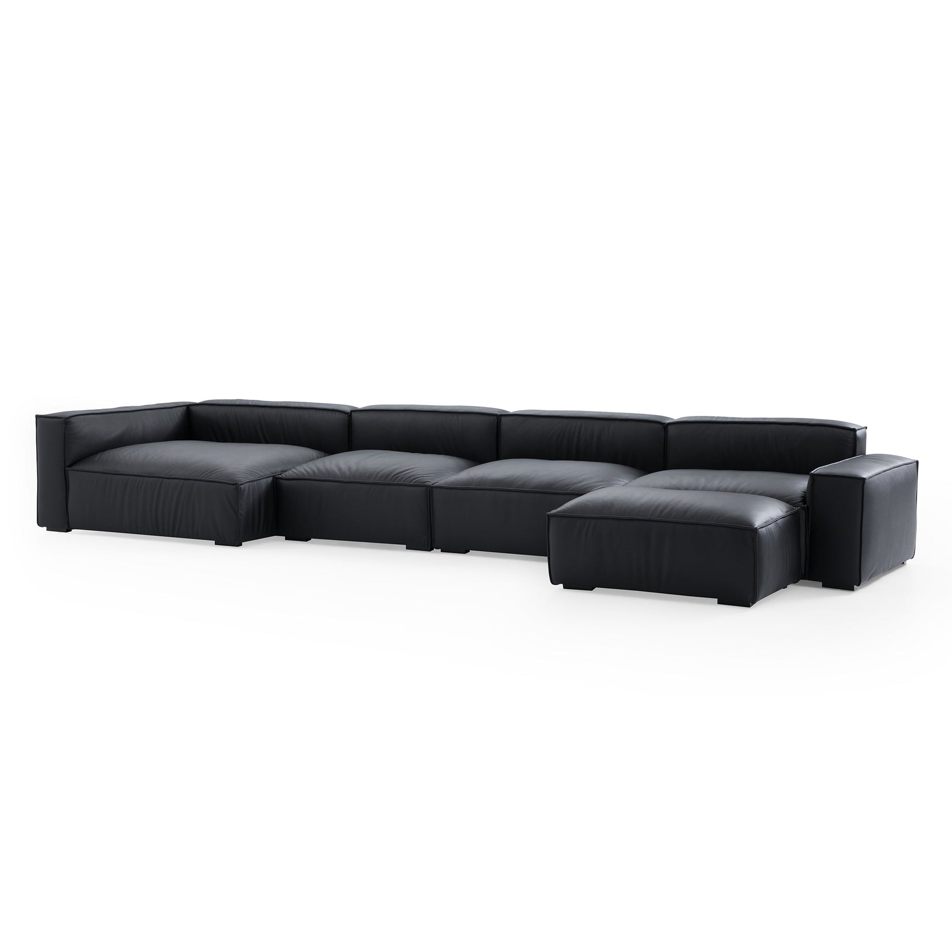 Luxury Minimalist Black Leather Sectional and Ottoman-Black-185.0"-Facing Left